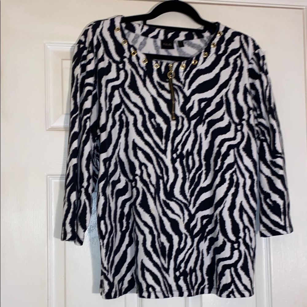 Rafaella Black/White Zebra 100% Cotton with Gold Tone Zipper/Eyelets Top SZ 2X
